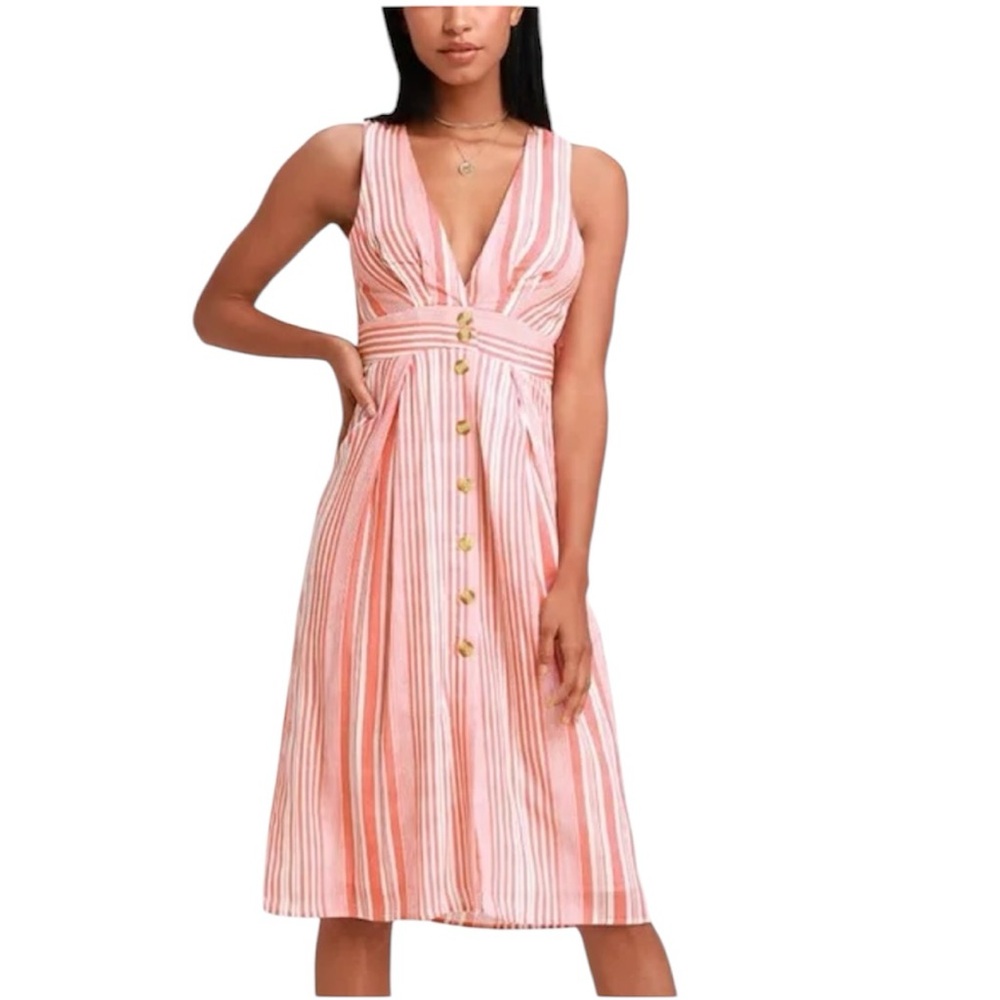 Lulus Estnelly Striped Button-Front Midi Dress L